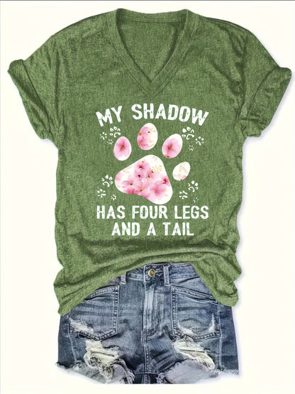 Women's Paw Print V-Neck T-Shirt - Comfy Short Sleeve Casual Top, Perfect for Spring & Summer, Fashionable Everyday Wear