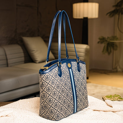 Casual Canvas Tote Bag with Embroidered Pattern, Blue Zippered Shoulder Bag with Fixed Straps, Polyester Lined Sling Bag from Guangzhou - Do Not Wash