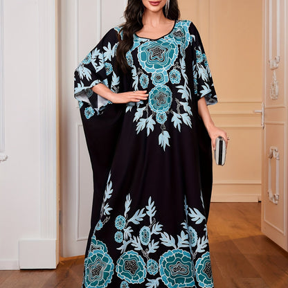 Ramadan Elegant Batwing Sleeve Ruffle Maxi Length Kaftan Dress - Stunning Graphic Print, Crew Neck, Flowy Design, Comfortable Wear, Women's Modest Clothing for Special Occasions