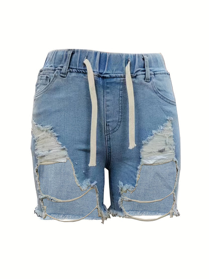 High-Waist Stretch Denim Shorts for Women - Easy-Care, Chic Ripped Detail, Casual Spring/Summer Look