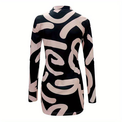 Bold Abstract Zipper Dress - Stylish Casual Long Sleeve Bodycon - Fashion Womens Clothing