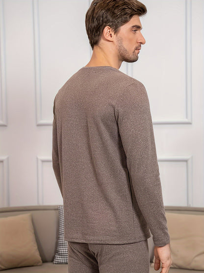 Stay Warm & Stylish: Men's Solid Color Thermal Crew Neck Top – Soft, Stretchy, Durable Knit for Winter