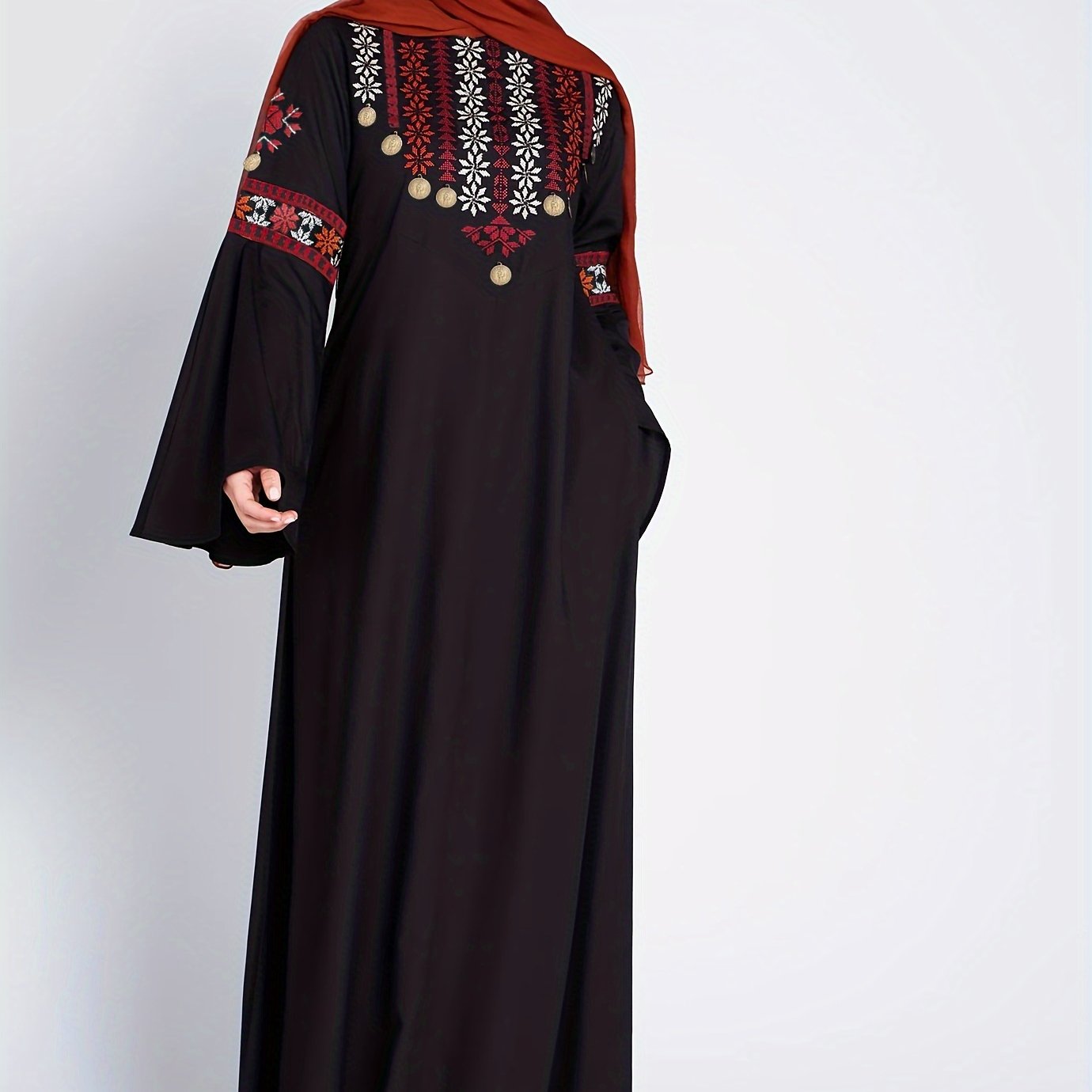 Elegant Long Sleeve Kaftan Dress for Women - Embroidered Maxi for Ramadan, Perfect Crew Neck Attire for Fall & Winter