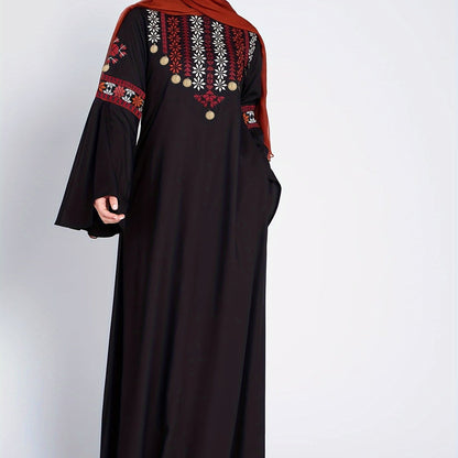 Elegant Long Sleeve Kaftan Dress for Women - Embroidered Maxi for Ramadan, Perfect Crew Neck Attire for Fall & Winter