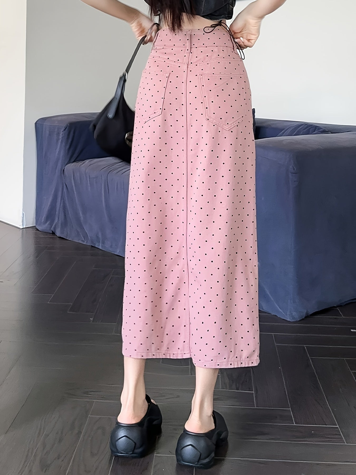 Pinkish Polka Dots High Waist Denim Skirt Women's Summer Fashion Design Split Hem Midi Denim Skirt