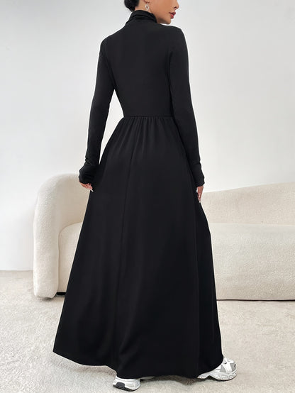 Stunning Cinched Waist Maxi Dress - Elegant Long Sleeve, A-Line Silhouette, Mock Neck Design, Perfect for Spring & Fall, Women's Clothing for Chic Occasions