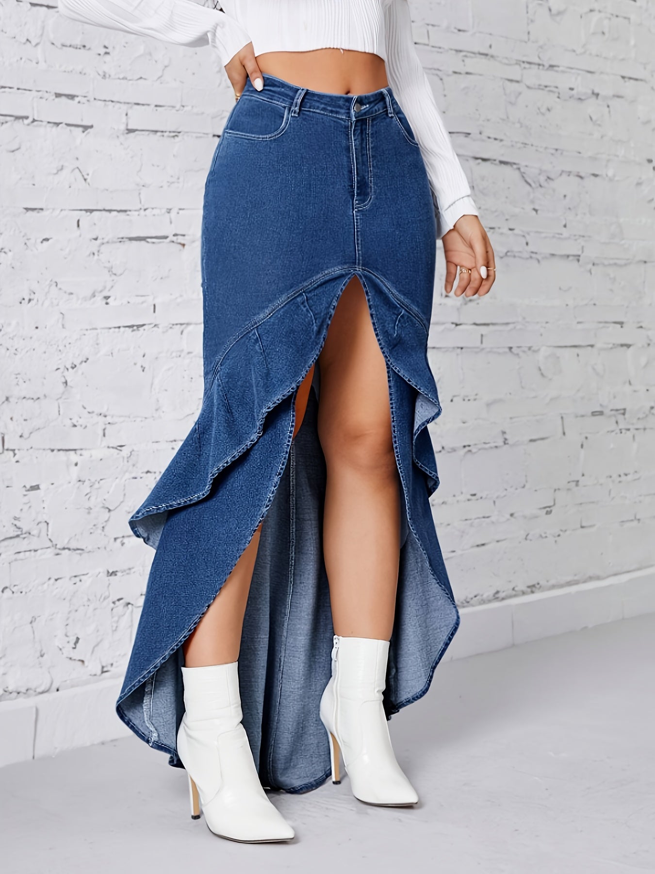 Chic Ruffle-Trimmed Midi Denim Skirt with High-Waist Split Hem - Stretchy Cotton Blend, Non-Sheer, Machine Washable - Perfect for Spring/Summer/Fall Parties & Casual Wear