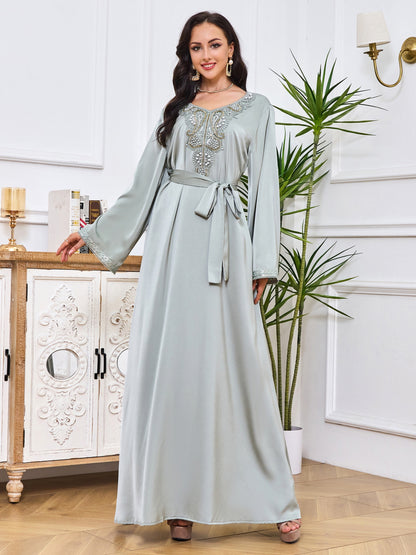 Ramadan Floral Charm - Luxurious Beaded Kaftan Dress with Long Sleeves & Tied Crew Neck - A Timeless, Flowy & Comfortable Womens Clothing Choice for Festive Occasions