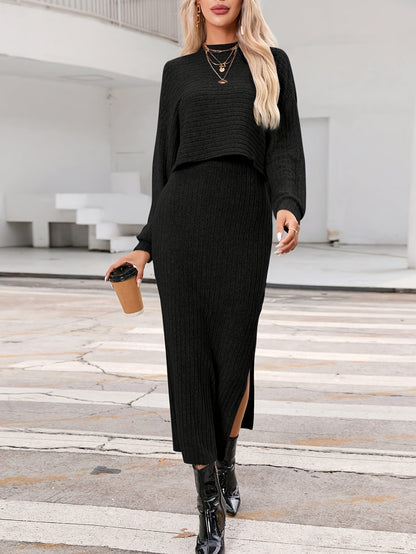 Elegant Solid Knitted Dress Set - Women's Dress Suits with Long Sleeve Drop Shoulder Top & Crew Neck Sleeveless Split Dress Outfits, Comfortable and Stylish Clothing for Ladies