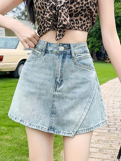 Chic High-Waist Denim Skort for Women - Slimming A-Line Design, Non-See-Through, Button Detail, Perfect for Spring/Summer/Fall