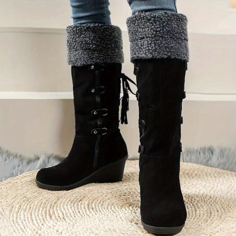 Stylish Plush Lined Wedge Heeled Boots - Knee-High Comfortable Dress Boots with Slip-On Design and Soft Inners for Women - Perfect for Casual and Formal Occasions