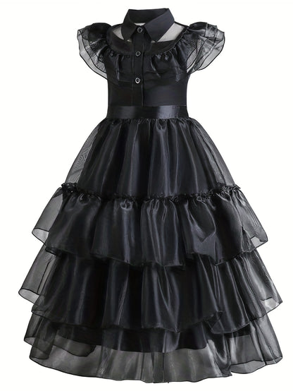 Girls' Sleeveless Ruffled Trim Dress - V-Neck, Button Front, Perfect for Halloween Party and Summer Outfit