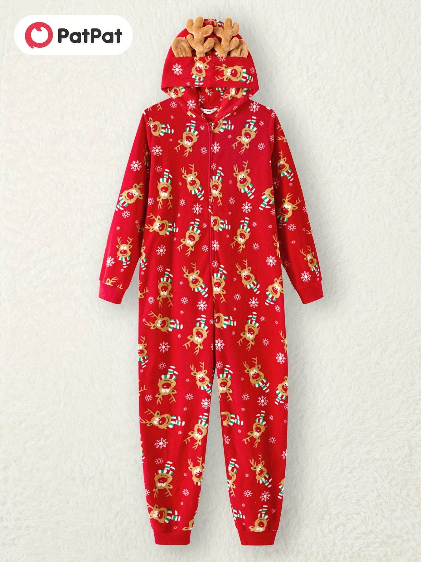 3D Antler Hooded Long Sleeve Red Thickened Polar Fleece PatPat Christmas Party Family Matching Onesies Sets for Winter Outdoors with Adorable Allover Deer Print