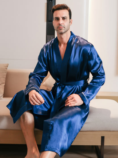 Mens Long Sleeve V-Neck Robe - Lightweight, Breathable, Soft Polyester Ice Silk Fabric with Waist Tie for Comfortable Lounge Wear in Spring, Summer and Fall Seasons - Regular Fit, Solid Color, Woven Robe Set