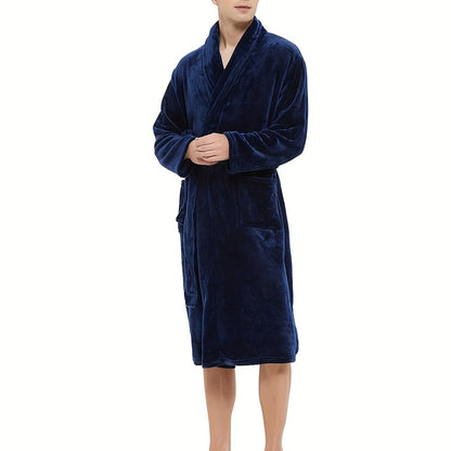 Men's Plush Flannel V-Neck Robe - All-Season Comfort, Stretch Fit, Solid Color, Sizes S-XXL