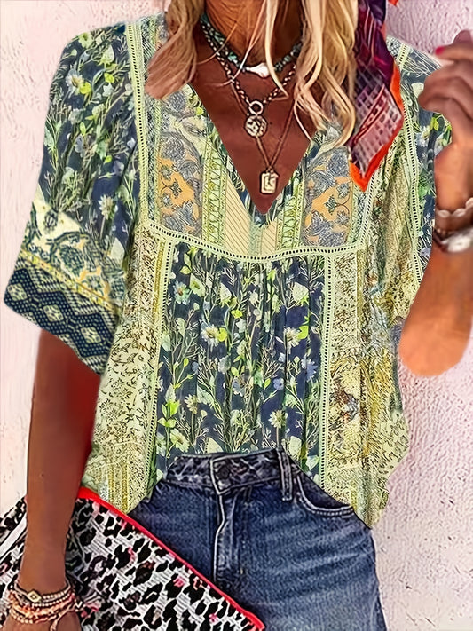 Summer Boho-Chic Floral V-Neck Blouse - Easy-Care, Breezy Women's Half-Sleeve Top in 100% Polyester