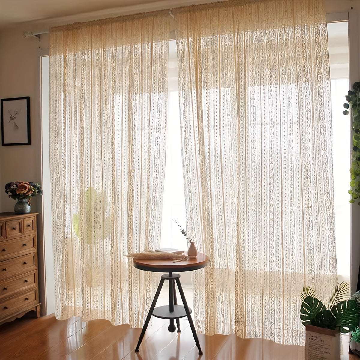 1-Panel Japanese Style Hollow Striped Sheer Curtain - Exquisite Crochet Style Argyle Pattern Design with Delicate Textures, Rod Pocket Curtain for Easy Installation and Smooth Sliding, Simple yet Elegant Design - Perfect for Adding a Touch of Elegance to