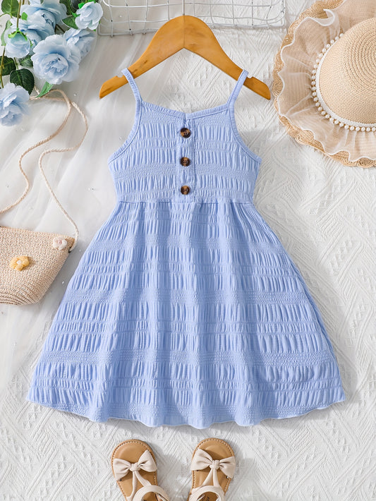 IKEARLAX Girls Charming A-line Spaghetti Strap Dress - Non-Stretch Polyester Fabric, Button Decor, Solid Color, Regular Fit, Perfect for Summer Casual Occasions