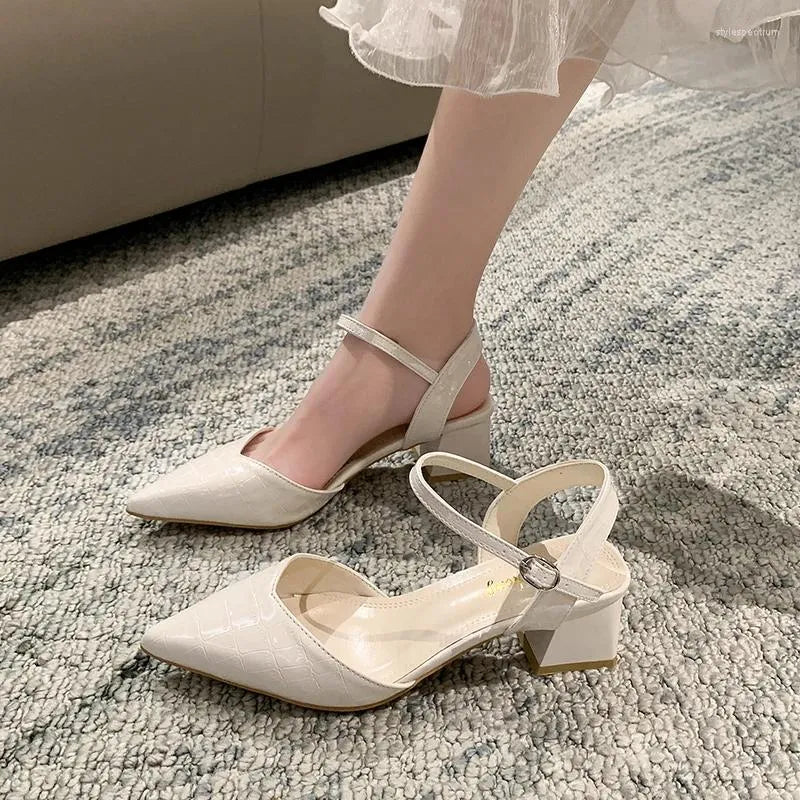 Dress Shoes Comfort For Women Female Sandal Block Heels Buckle Strap  Summer Girls Fashion Chunky Closed Beige Clear Low Point