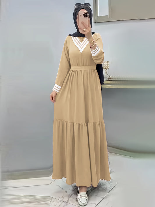 Ramadan Long Sleeve Tie Waist Modest Dress, Solid Maxi Modest Dress, Women's Clothing