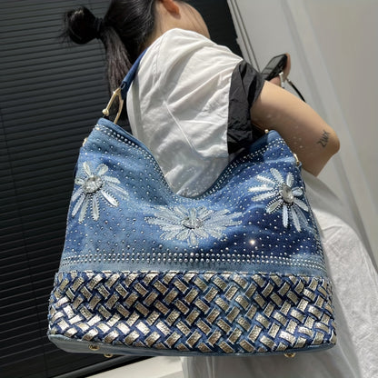 Elegant Denim Tote Bag with Sparkling Rhinestone Accents, Large Capacity, Detachable Strap - Chic Blue Shoulder & Crossbody Handbag for Women