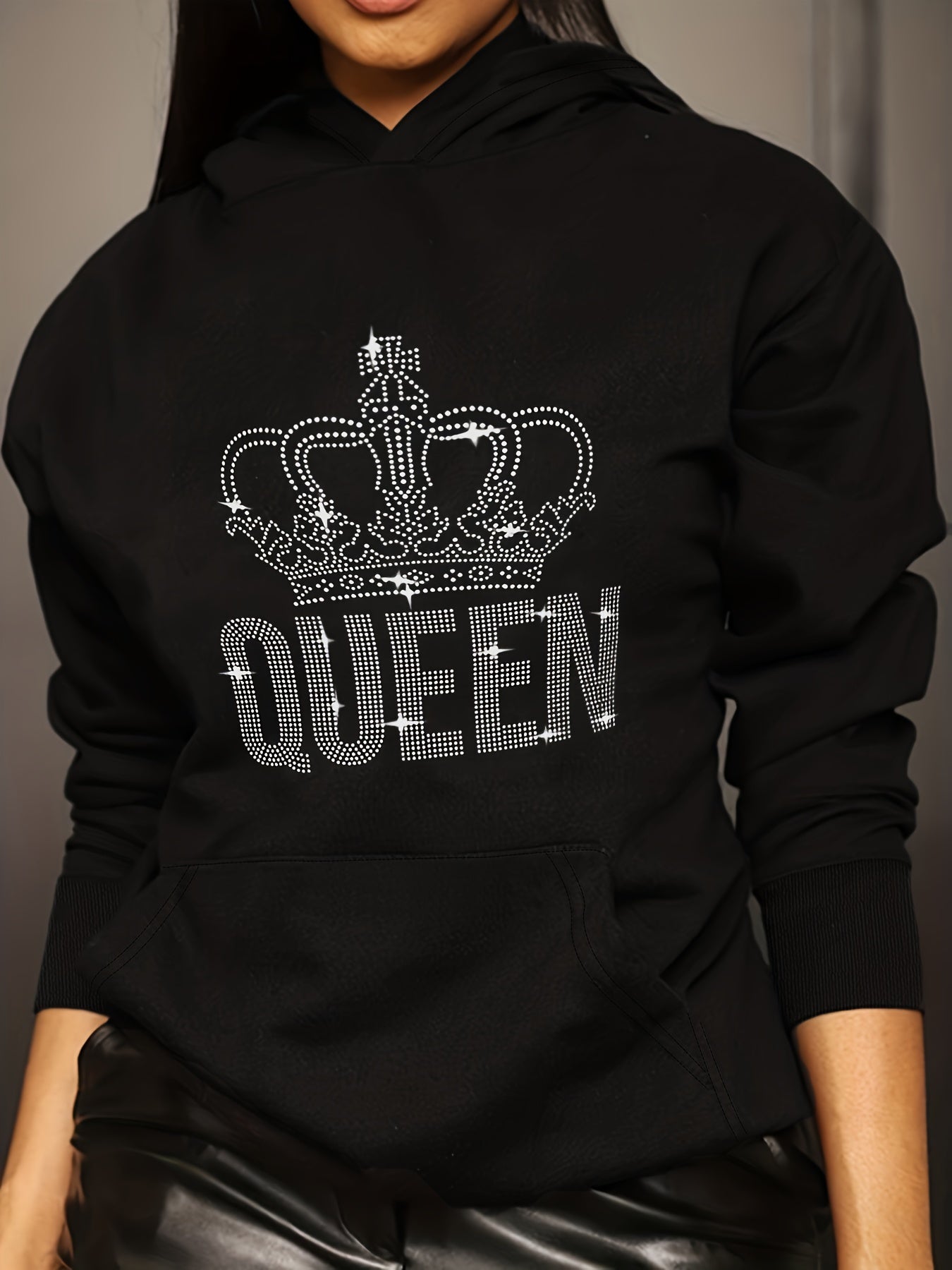 Queen Print Hoodie, Drops Shoulder With Pocket Sweatshirt, Women's Clothings