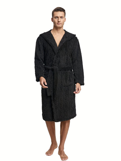 Men's Comfy Solid Fleece Robe Home Hooded Pajamas Wear With Pocket, One-piece Lace Up Kimono Night-robe Warm Sets After Bath