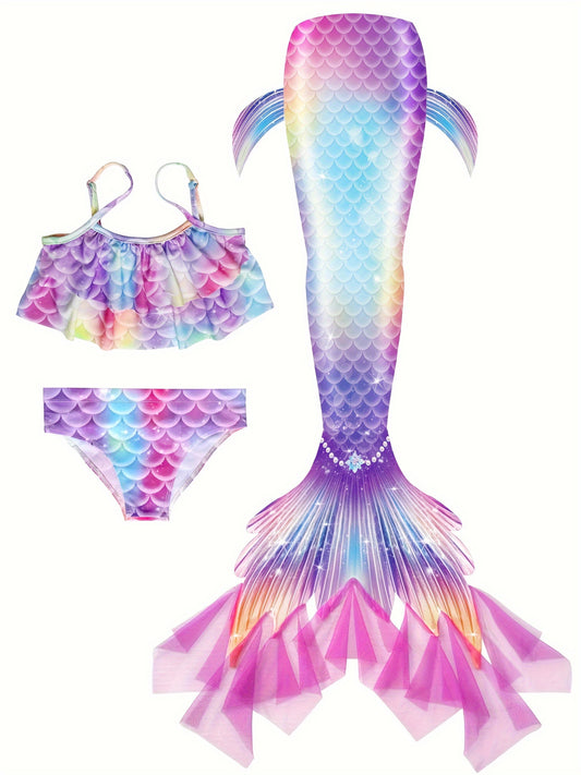 3PCS/Set Mermaid Outfit - Vibrant Allover Mermaid Scales Pattern Print, Fashionable and Trendy Ruffle Trim Tankini, Magical Mermaid Tail Clothing - Designed for Girls, Perfect for Summer Beach Trips and Pool Parties