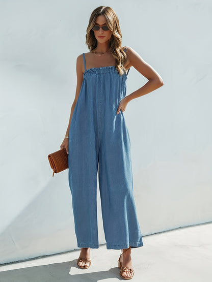 Plain Washed Blue Spaghetti Strap Loose Fit Vacay Style Denim Overalls Dungarees, Women's Denim Jeans & Clothing