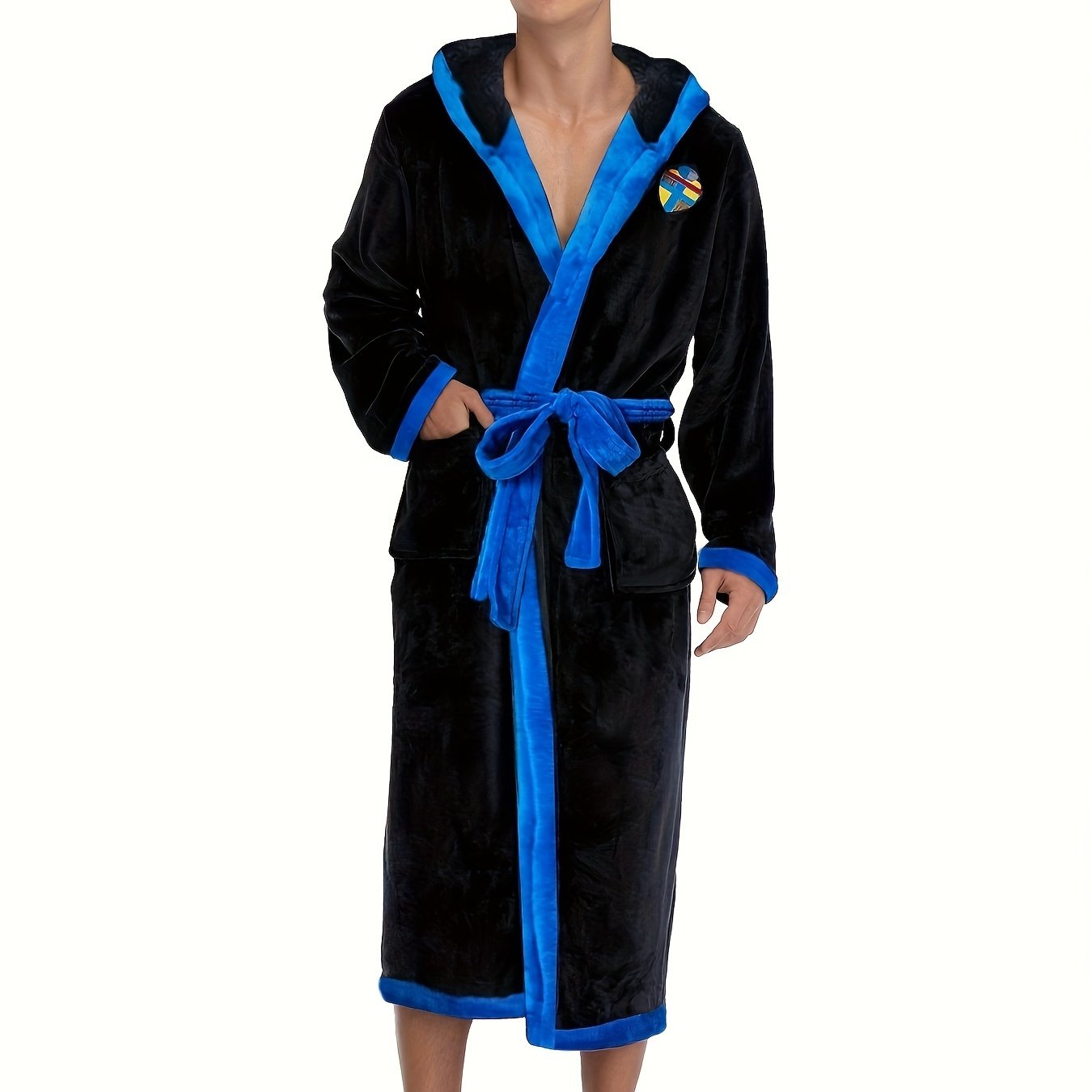 Men's Comfy Color Block Flannel Robe Home Letter Embroidered Hooded Pajamas Wear With Pocket & Hair Dry Hat, One-piece Lace Up Kimono Night-robe Warm Sets After Bath