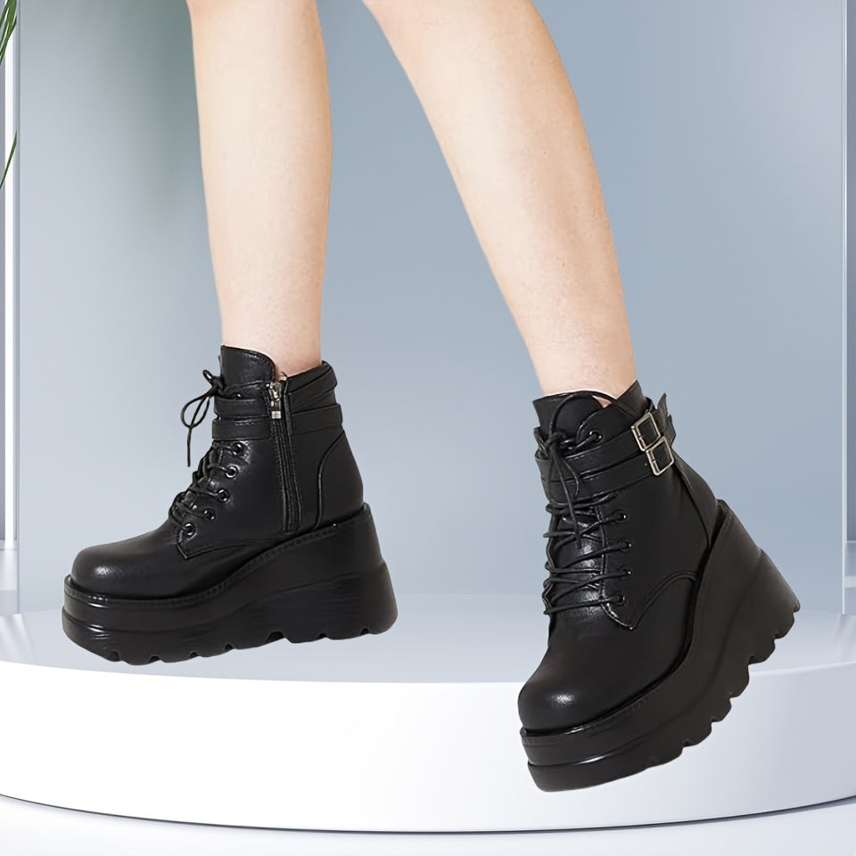 Low Heel Platform Ankle Boots for Women - Chunky Goth Round Toe Zipper Combat Boots with Casual Solid Color Design - Polyurethane Synthetic Leather, All-Season Wear