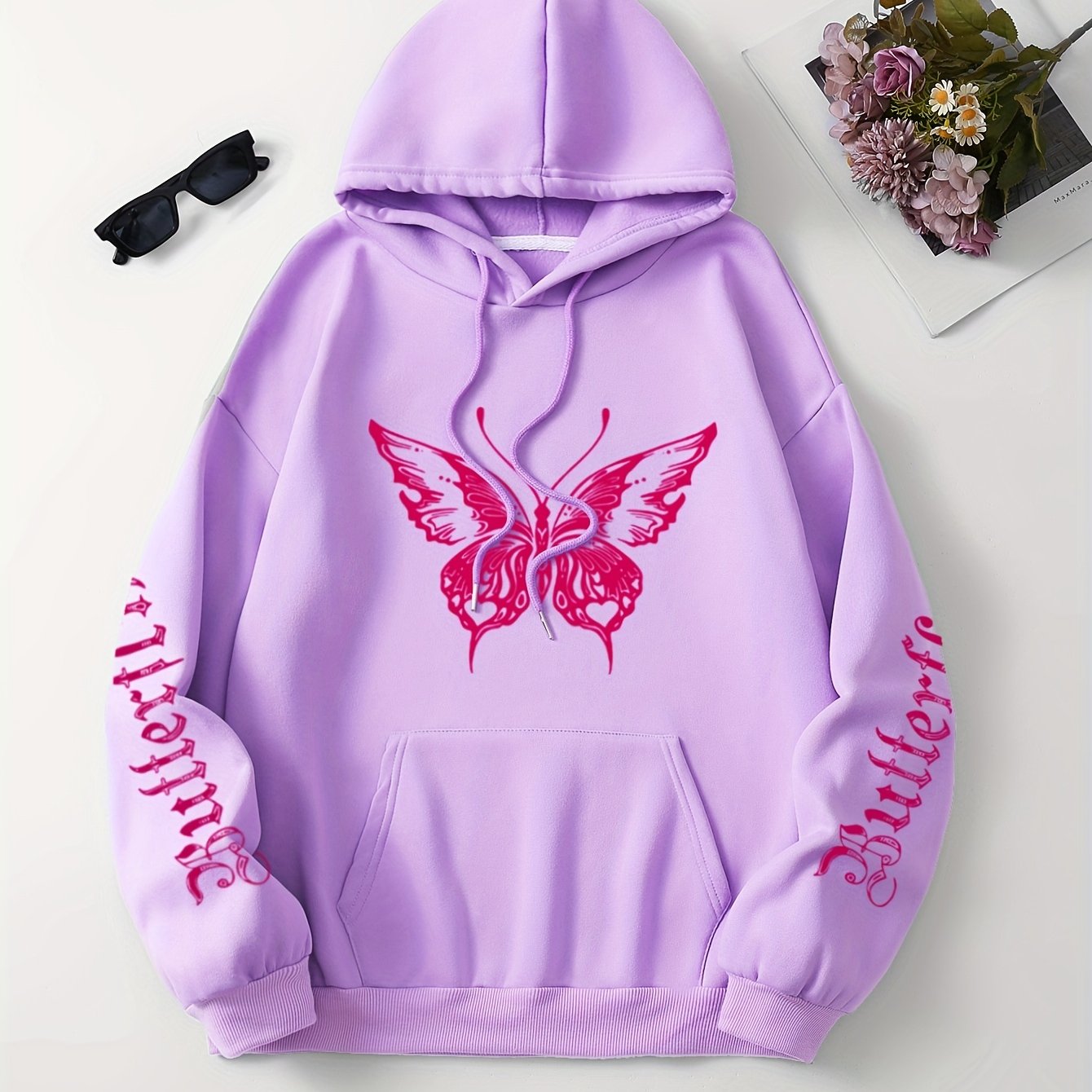 Chic Butterfly & Letter Graphic Hoodie - Comfy Drawstring Design with Kangaroo Pocket, Versatile Casual Wear for Women