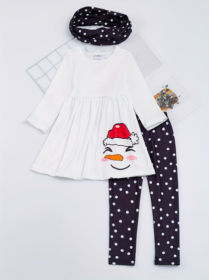 3pcs Girl's Christmas Pattern Outfit, Peplum Top & Scarf & Allover Print Pants Set, Toddler Kid's Clothes For Spring Fall outdoors