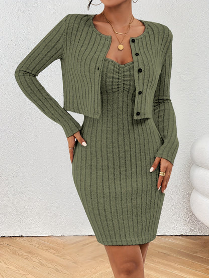 Solid Ribbed Chic Two-Piece Set - Button-Front Long Sleeve Tops & Bodycon Mini Dress - Flattering Casual Outfits for Trendy Women