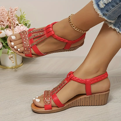 Glamorous Rhinestone Wedge Sandals - Stylish Heel, Open Toe, Comfortable Elastic Straps for Summer - Casual Everyday Footwear