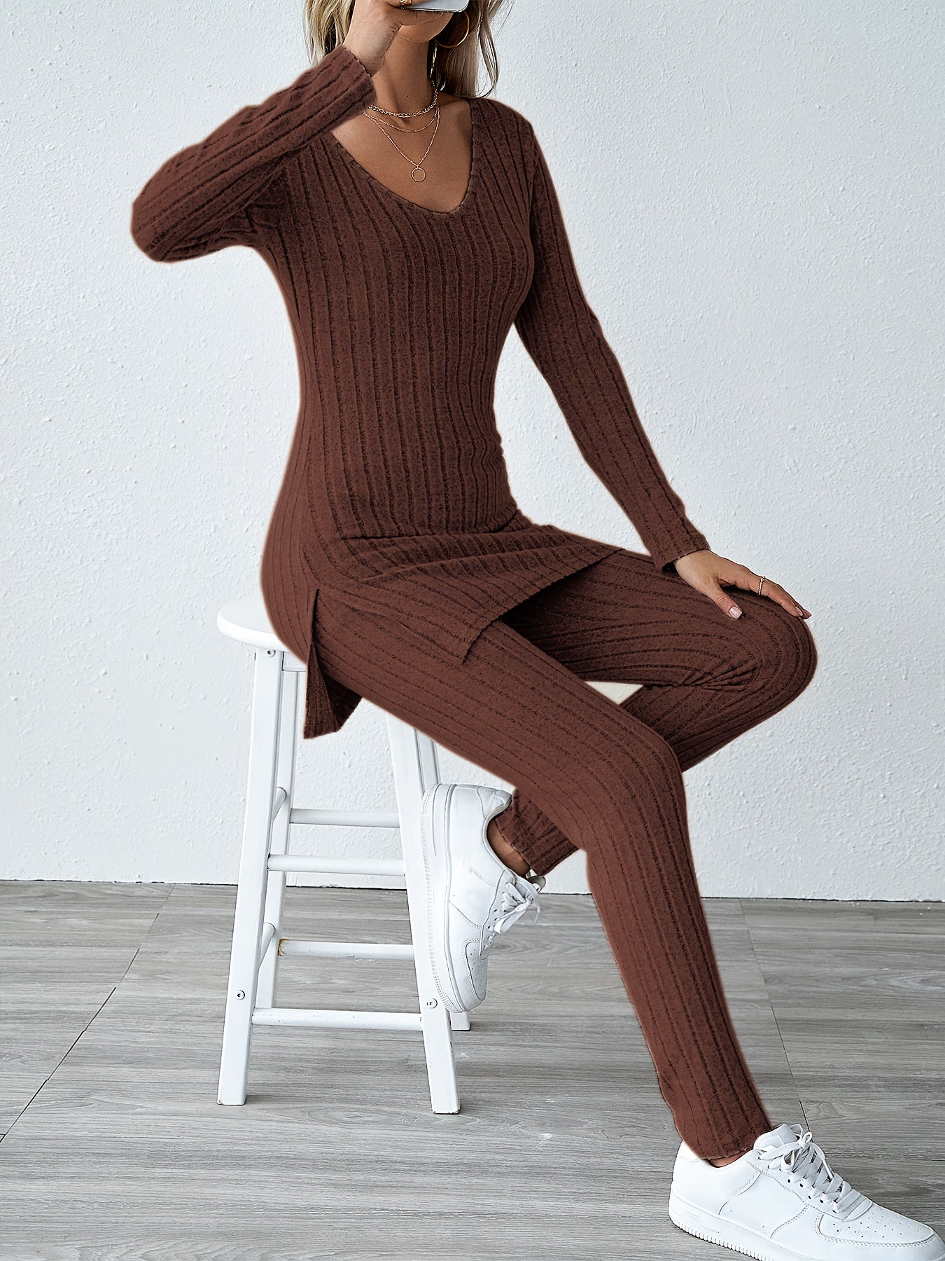 Chic Ribbed Knit Two-piece Set - Soft Casual Long Sleeve Split Top & Slim Fit Pants Outfit - Trendy Solid Color Womens Clothing for Everyday Style