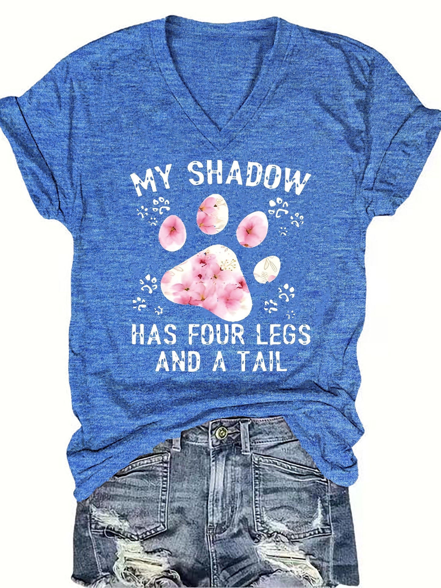 Women's Paw Print V-Neck T-Shirt - Comfy Short Sleeve Casual Top, Perfect for Spring & Summer, Fashionable Everyday Wear