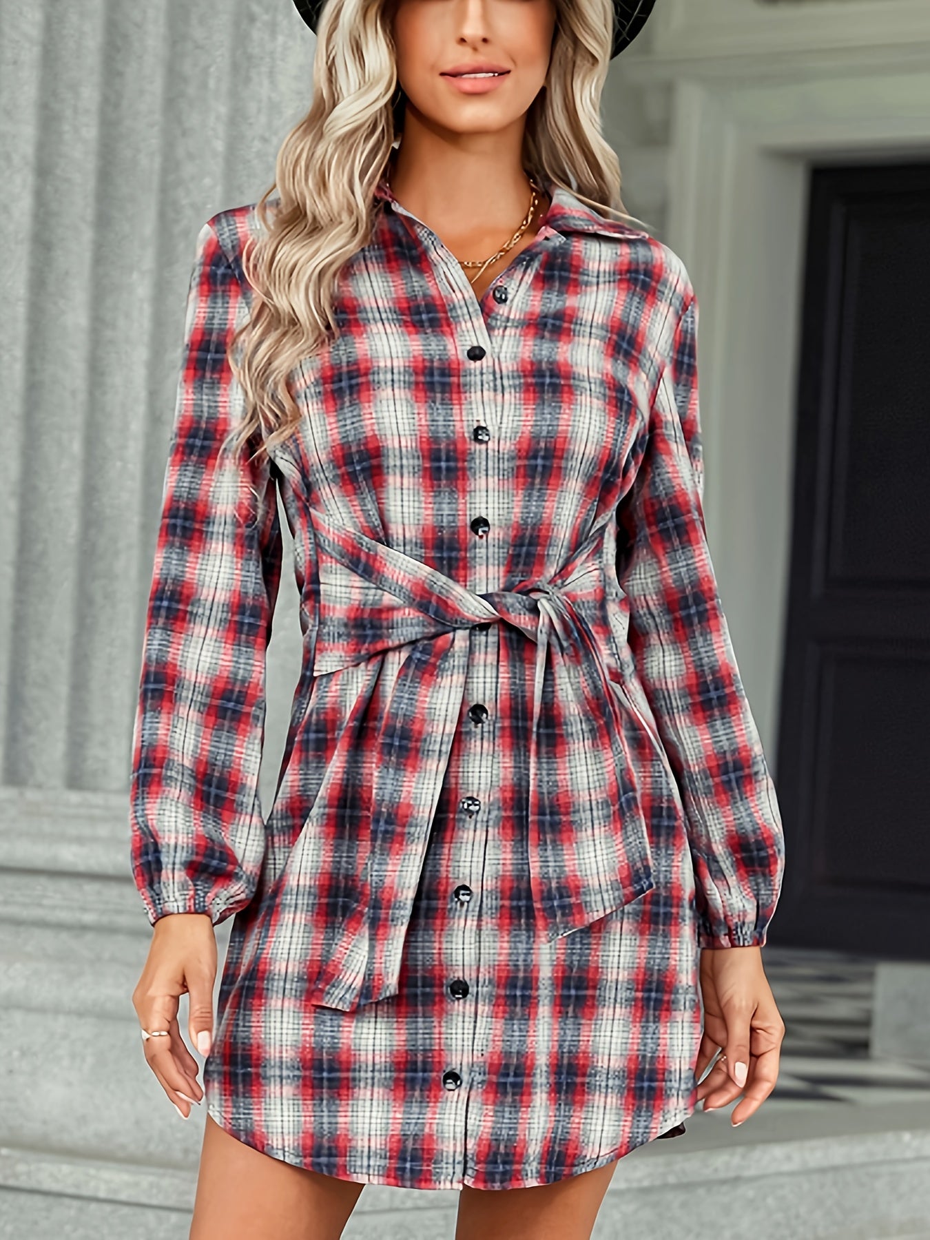 Stylish Plaid Print Long Sleeve Shirt Dress - Women's Casual Collared Lace Up Waist Dresses with Classic Button Up Design and Flattering Fit - Perfect for Everyday Wear