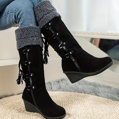 Stylish Plush Lined Wedge Heeled Boots - Knee-High Comfortable Dress Boots with Slip-On Design and Soft Inners for Women - Perfect for Casual and Formal Occasions