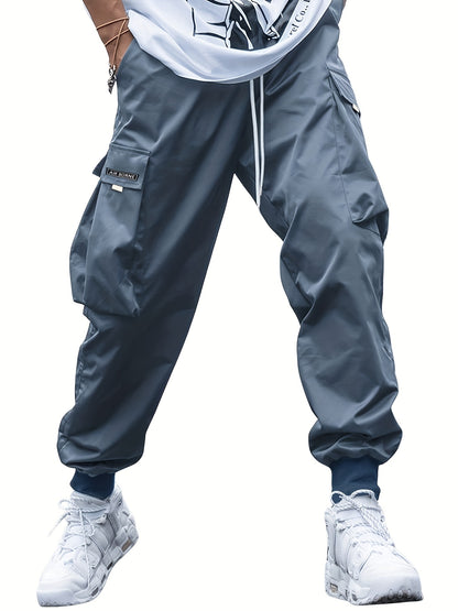 Men's Letters Pattern Solid Color Jogger Cargo Pants, Casual Comfy Multi-pocket Baggy Outdoor Trousers As Gift