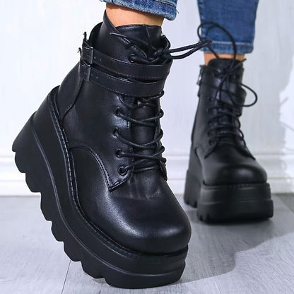 Low Heel Platform Ankle Boots for Women - Chunky Goth Round Toe Zipper Combat Boots with Casual Solid Color Design - Polyurethane Synthetic Leather, All-Season Wear