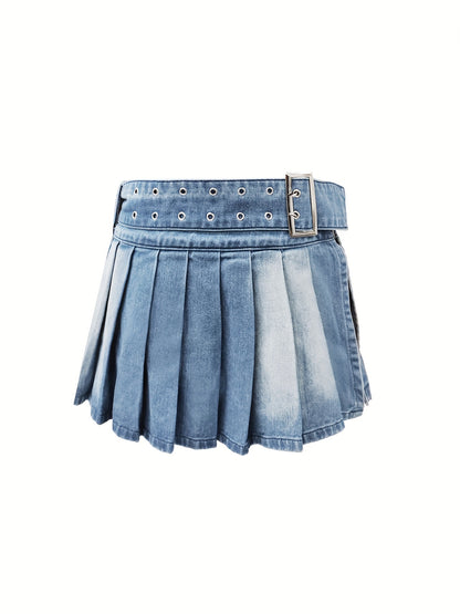 Mini Denim Skirt - Adjustable, Pleated, Washed Blue, Plain Design, Women's Denim Jeans & Clothing, Perfect for Casual Daily Wear