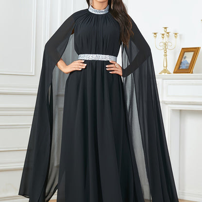 Long Sleeve Crew Neck Maxi Abaya Dress - Elegant Solid Color Block Design, Split Sleeve, Contrast Sequin Details, Non-Stretch Polyester Fabric, Belted, Middle East Style, Ideal for All Seasons