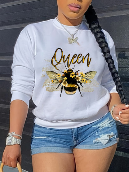 Queen Bee Print Womens Pullover Sweatshirt - Cozy Fleece, Long Sleeve, Crew Neck, Perfect for Fall & Winter - Stylish Casual Wear