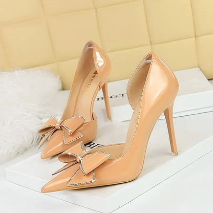 High heels banquet women's shoes side hollow shallow mouth pointed rhinestone bow high heels single shoes