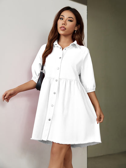 Women's Plain Denim Dress Casual Elastic Short Sleeve With Frayed Hem And Button Front