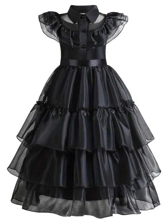 Girls' Sleeveless Ruffled Trim Dress - V-Neck, Button Front, Perfect for Halloween Party and Summer Outfit