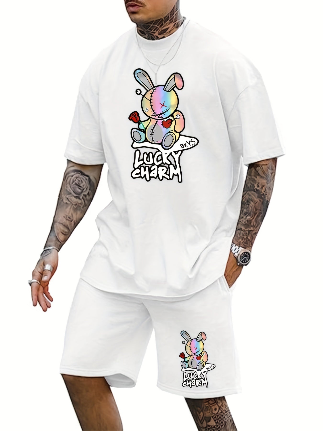 2pcs Mens LUCKY CHARM Loungewear Set - Fashion Bunny Doll Print T-Shirt & Drawstring Shorts with Pockets - Comfortable Casual Pajama Outfit for All-Day Wear