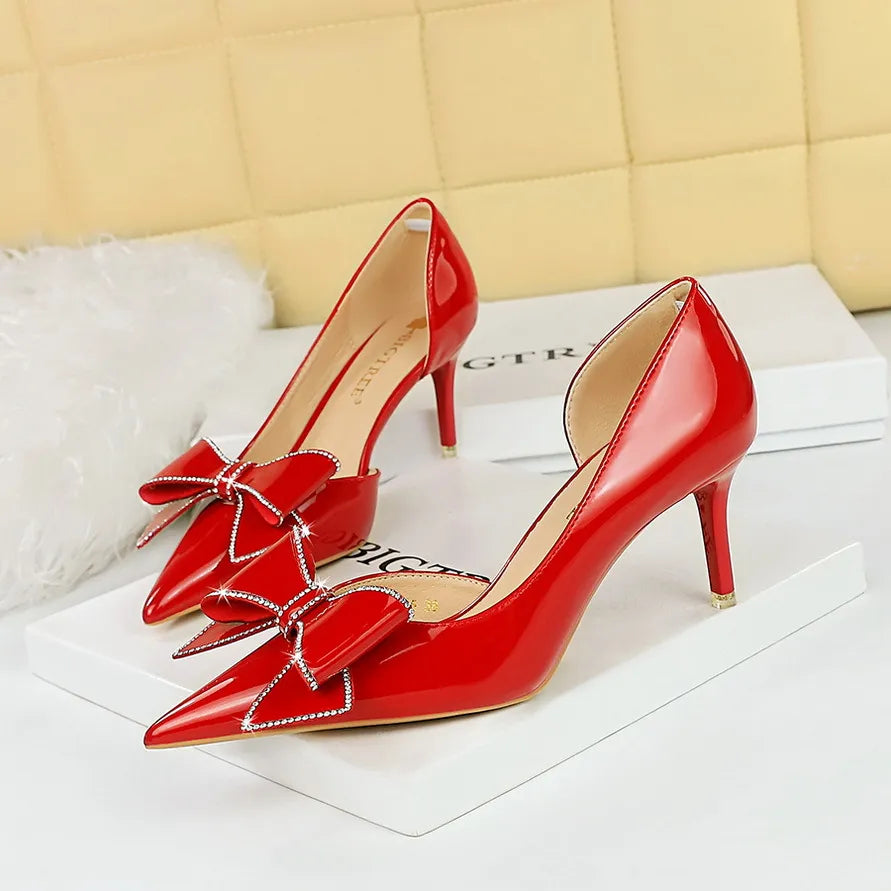 High heels banquet women's shoes side hollow shallow mouth pointed rhinestone bow high heels single shoes