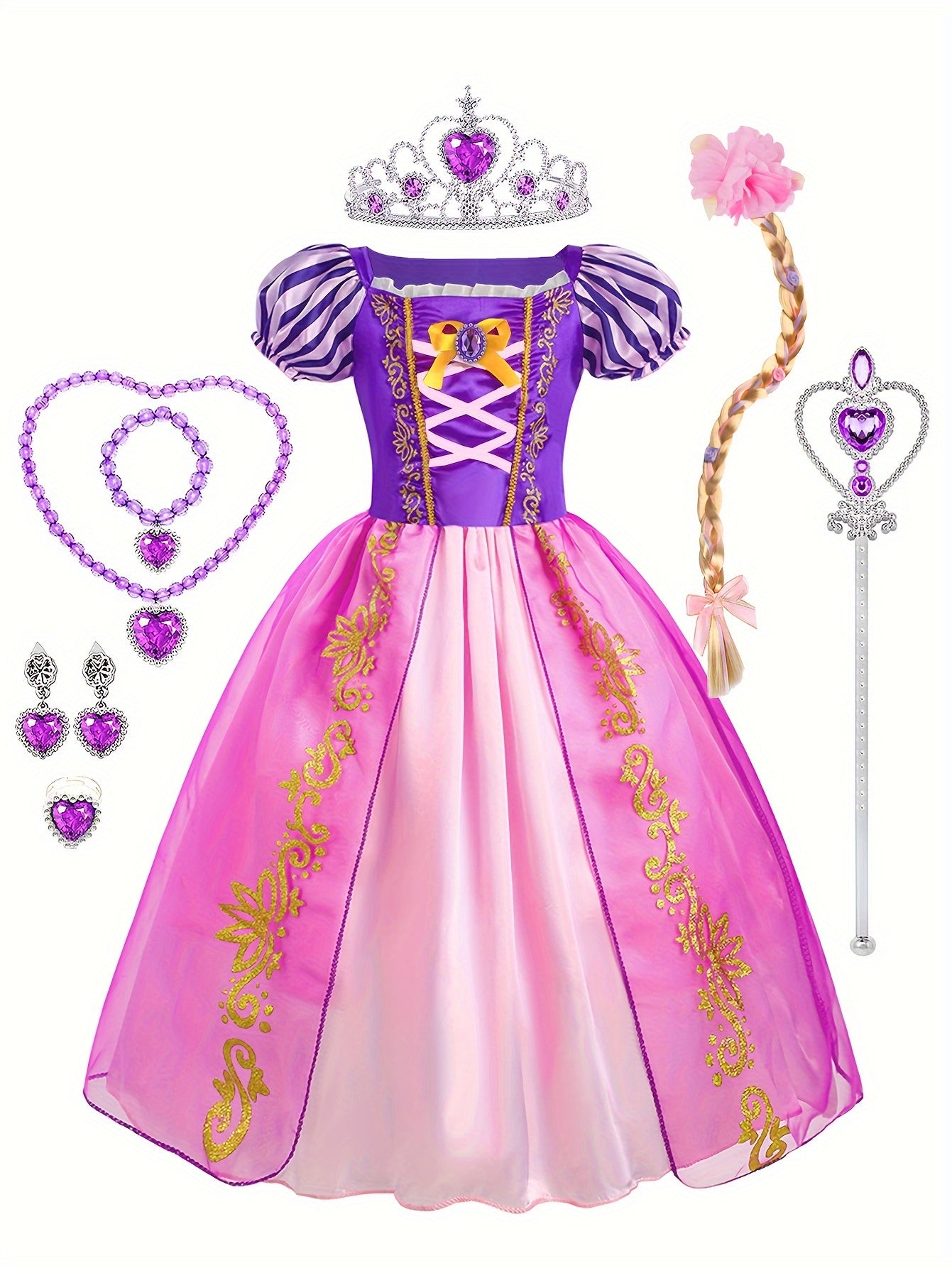 Girls Trendy Princess Dress With Crown Necklace And Ring For Birthday Party Halloween Christmas Costume Performance Dress Jewelry Wig Set Kids Clothes